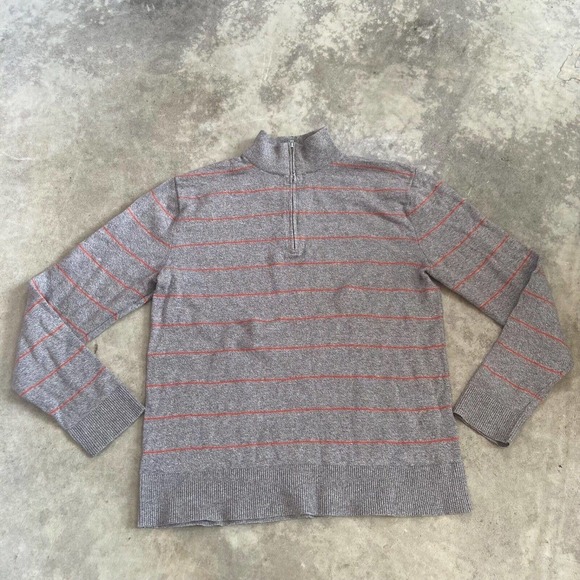 Banana Republic Sweater‎ Men Medium Gray 1/4 Zip Pullover Orange Stripe Cotton - Picture 1 of 11